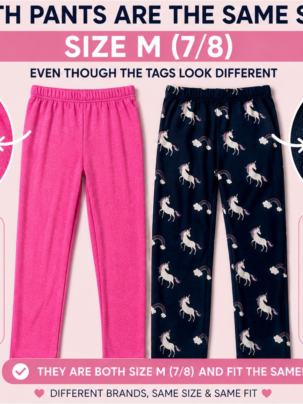 Fruit of the Loom Girls' Pink Solid and Navy Unicorn Print Pajama Pants